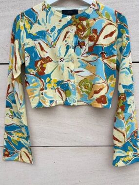 ZARA Cropped Floral Cardigan in Yellow, Blue & Green